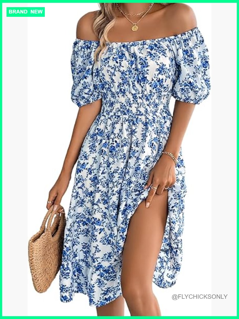 Floral Puff Sleeve A-Line Dress, Lightweight Polyester Elastane Fabric